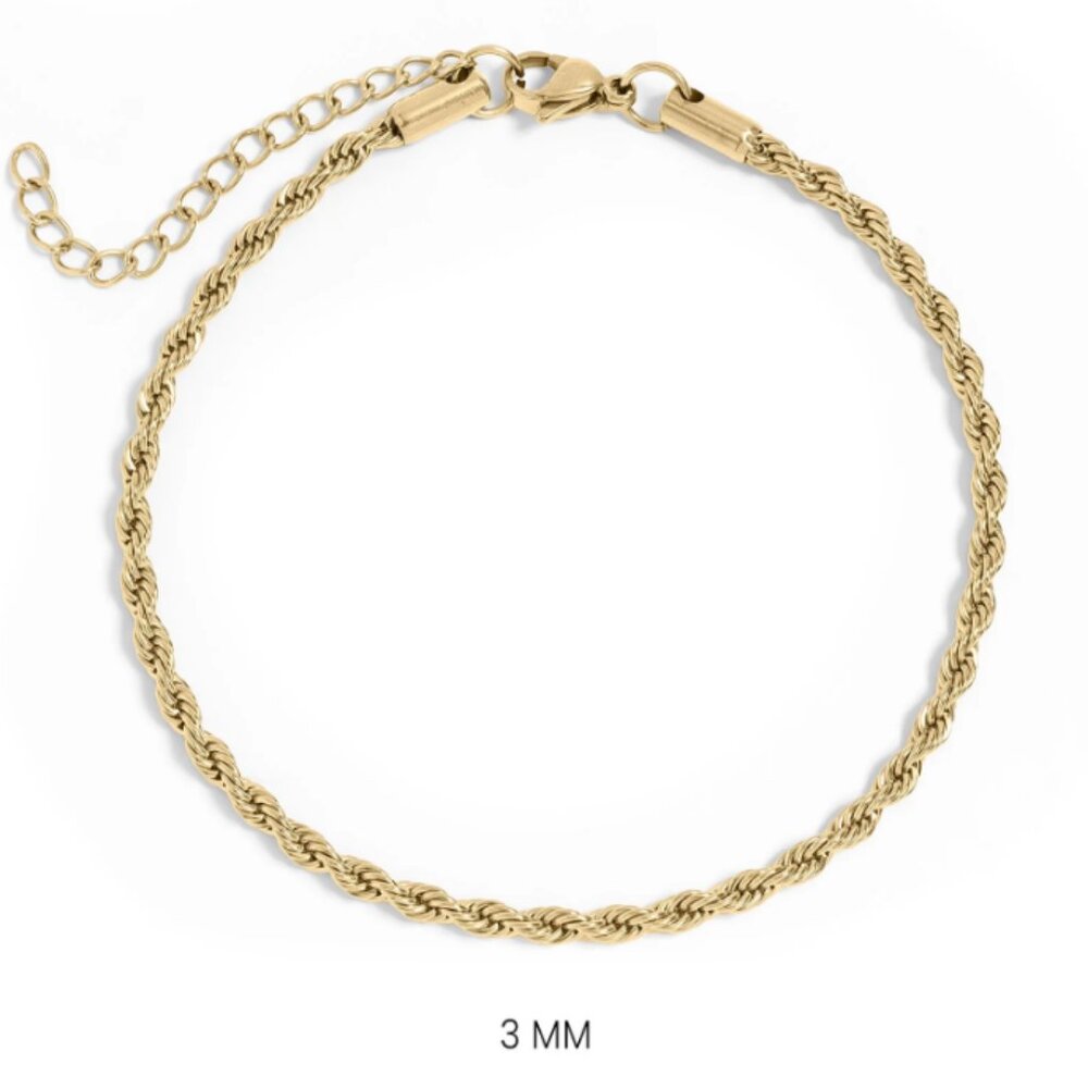 18K Gold Rope Chain Bracelet – PVD, Hypoallergenic, Tarnish & Water-Resisttant